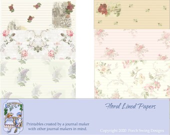 May include: A set of printable lined papers with floral designs. The papers feature a variety of floral patterns, including roses, lilacs, and other delicate flowers. The papers are perfect for journaling, scrapbooking, or other creative projects.