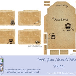 Könnte beinhalten: Ein druckbarer Satz von Journalseiten im Vintage-Stil mit einem Feldforschungs-Thema. Die Seiten haben eine braune Papierstruktur mit Linien zum Schreiben und Illustrationen von Ferngläsern, Schmetterlingen und Scheren. Der Text "Field Notes" erscheint oben auf der Seite.
