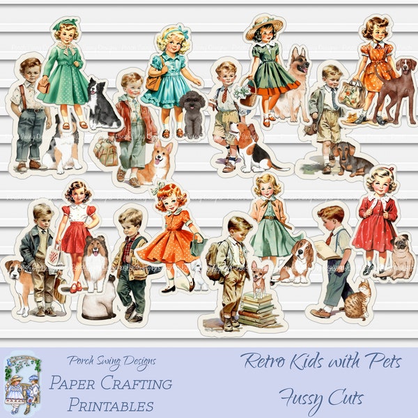 Retro Kids with Pets - Children with animals, Dogs, Cats, Vintage Children, Fussy Cuts, Journal Ephemera, Paper Crafting Supplies, Printable