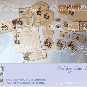 Bird Song Journal Kit - Vintage Journal Kit, Digital Journal, Birds, This Journal Belongs to Card, Tags, Envelopes, Dress Form, Printables
