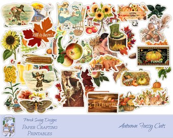 May include: A set of 30 digital printable autumn themed fussy cuts. The images include a variety of fall elements such as pumpkins, leaves, acorns, squirrels, and a bear. The text "Tall is here!" and "Autumn" are also included.