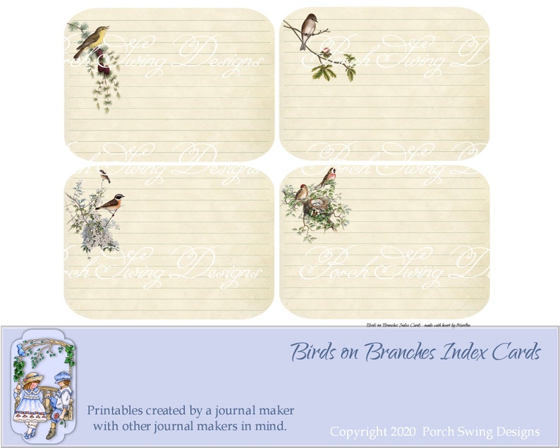 Porch Swing Designs Paper Crafting Supplies Birds Instant Downloads Journal Ephemera Journal Cards Birds on Branches Index Cards