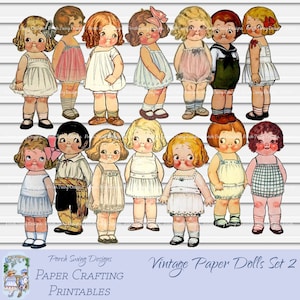 Vintage Papierpuppe Set 2-Dolly Dingle und Freunde, Fussy Puppe schneidet, Papier Basteln, Scrapbooking, Sofort Download, Puppen, kleine Kinder