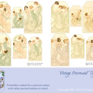 Vintage Meerjungfrau Tags - Journal Ephemera, Meeresbewohner, Fantasy, Sirenen, Tags, Sofort-Downloads, Bastelbedarf, Ausdrucke