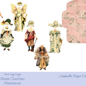 Cinderella Papierpuppen Set - Vintage Papierpuppen, Vintage Puppen, Journal Ephemera, bedruckbare Papierpuppe, kleine Mädchen kleiden Puppe, Puppen