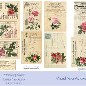 French Rose Ephemera - Rosas, Vintage Ephemera, Journal Cards, Tri-fold Card, Vintage Invoices, Anuncios, Postales, Descargas instantáneas