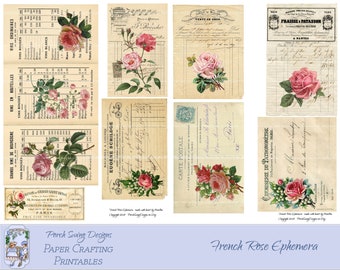 French Rose Ephemera - Roses, Vintage Ephemera, Journal Cards, Tri-fold Card, Vintage Invoices, Advertisements, Postcards, Instant Downloads