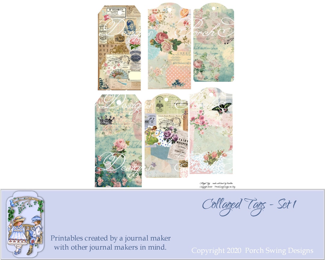 Paper Collateral Tag Collaged Papers Tags Set 1 - Floral Tags, Journal Ephemera, Journal ...