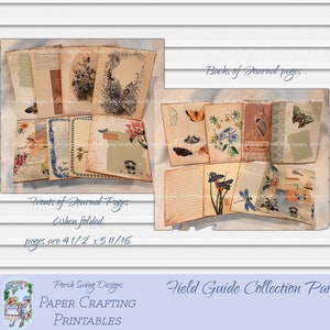 Puede incluir: Un conjunto de páginas de diario imprimibles con un tema de naturaleza. Las páginas presentan ilustraciones de mariposas, libélulas, flores y pájaros. El texto en las páginas dice "Lomos de las páginas del diario" y "Frentes de las páginas del diario Cuando se pliegan, las páginas miden 4 1/2 x 5 11/16". El texto en la parte inferior de la imagen dice "Porch Swing Designs PAPER CRAFTING PRINTABLES Field Guide Collection Part 1!"