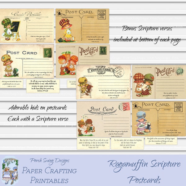 Ragamuffin Scripture Postcards - Tattered Vintage Children Scripture Verses Bible Study Helps Printables Journal Cards Ephemera Journal Kits