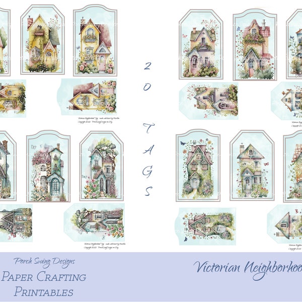 Victorian Neighborhood Tags - Vintage Homes, Colorful Cottages, Victorian Home Tags, Tags, Vintage Tags, Paper Crafting Supply, Printables