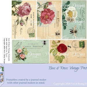 Bees & Roses Postkarten - Vintage Postkarten, Journal Elemente, Mixed Media, Journal Ephemera, Kartenherstellung, Scrapbooking, Papierbastelbedarf