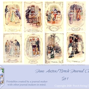 May include: Set of eight vintage-style printable journal cards featuring illustrations of people in various social settings. The cards are decorated with ornate frames and include text from Jane Austen's novels.