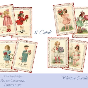 Cartões de Dia dos Namorados Vintage: Crianças com Flores, Molduras de Renda (Download Digital)