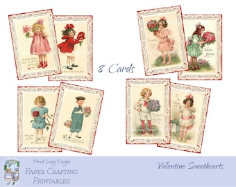 New Valentine Sweethearts - Vintage Children, Lace Frames, Kids with Flowers, Valentine Sentiments, Instant Download, Paper Crafting Supply