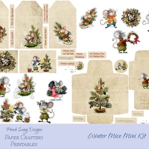 Winter Mice Mini Kit - Fun Mice Digital Journal Kit, Souris adorables, Coupes difficiles, Enveloppes, Étiquettes, Cartes journal, Imprimables, Téléchargement instantané