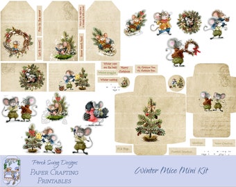 Winter Mice Journal Kit: Printable Fussy Cuts, Tags (Digital Download)