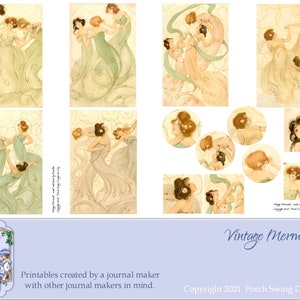 Vintage Meerjungfrauen - Journal Karten, Ephemera, Meeresbewohner, Instant Downloads, Veranda Swing Designs, Raphael Kirchner, Papier Bastelbedarf