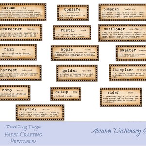 Mots du dictionnaire de l'automne ~ Définitions des mots de l'automne, étiquettes de mots, documents éphémères de journal, expressions, sentiments, fournitures pour travaux manuels en papier, scrapbooking