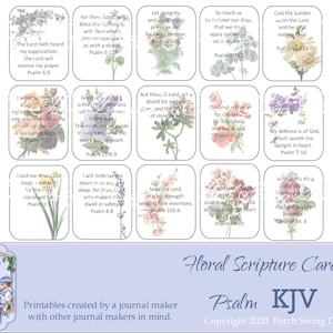 May include: A set of 12 printable floral scripture cards with a light blue background. Each card features a different floral design and a bible verse in the King James Version (KJV). The cards are titled "Floral Scripture Cards" and "Psalm KJV".