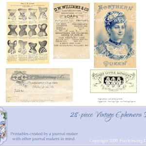 Conjunto de coisas efêmeras vintage - anúncios vitorianos, coisas efêmeras de diário, download instantâneo, designs de balanço de varanda, suprimentos para artesanato em papel, mídia mista