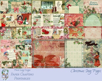 Puede incluir: Una hoja de collage digital con un tema navideño. La hoja presenta imágenes de partituras de música vintage, acebo, poinsettias y otros elementos festivos. El texto "Christmas Song Pages" está en la parte inferior de la hoja.