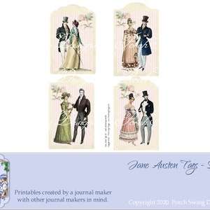 Op de afbeelding: Vier printbare labels met stellen in vintage kleding. De labels hebben een roze en wit gestreepte achtergrond met bloemmotieven. De tekst "Jane Austen Tags - Set 1" staat onderaan de afbeelding.