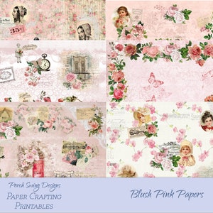 Blush Pink Papers - Collage Sheets, Tear Sheets, Rose Papers, Floral Papers, Vintage Papers, Digital Scrapbooking Paper, Instant Downloads,