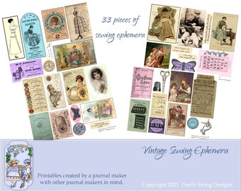 May include: A collection of 33 vintage sewing ephemera images, including illustrations of women sewing, children sewing, sewing machines, spools of thread, needles, and fabric. The images are in various colors and styles, and some include text such as "Sewing Machine" and "Best Six."