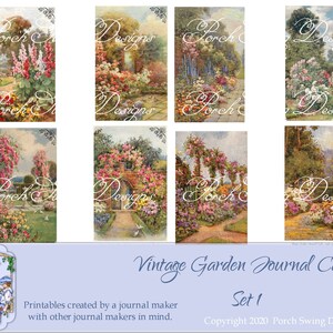 Tarjetas de diario de jardín vintage: tarjetas de jardín, florales, efímeras, flores, diseños de columpios de porche, jardines antiguos, suministros de elaboración de papel