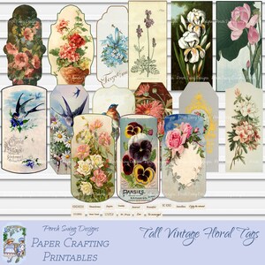 Tall Vintage Floral Tags - Journal Tags, Bird Tags, Floral Tags, Vintage, Shaped Tags, Journal Ephemera, Paper Crafting Supplies, Printables