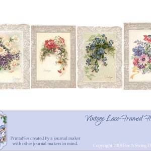 Vintage Lace-Framed Floral Journal Cards - Stationery, Ephemera, Floral Cards, Card Making, Paper Crafting Supply, Porch Swing Designs
