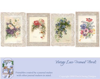 Vintage Lace-Framed Floral Journal Cards: Ephemera (Digital Download)