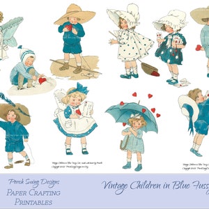 Vintage Children Fussy Cuts - Kids Dressed in Blue, Fussy Cuts, Love, Cut Outs, Printables, Instant Downloads, Paper Crafting Supplies