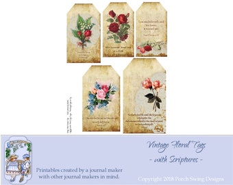 Vintage Floral Tags with Scripture - Flower Tags, Tags with Scriptures, Vintage Printables, Instant Downloads, Porch Swing Designs,