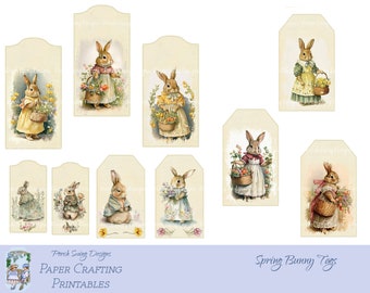 Spring Bunny Tags - Vintage Bunnies, Bunny Tags, Floral Tags, Spring Tags, Paper Crafting Supplies, Instant Downloads, Porch Swing Designs