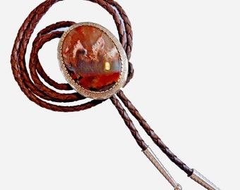 Bolo String Tie Sterling Oval Agate Stone 36" Brown Cord (1409)