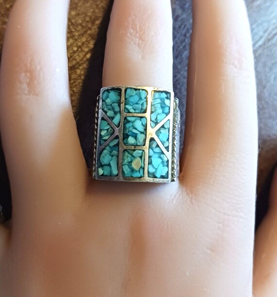 Native American Mosaic Turquoise Sterling sz9 Ring