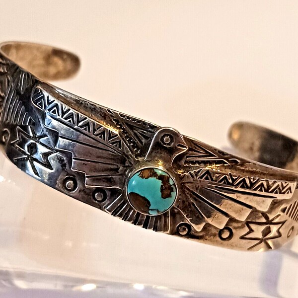 Vintage Navajo Turquoise Sterling Fred Harvey Thunderbird Cuff (1494)