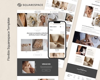 May include: A digital Squarespace website template for a jewelry brand named Pink & Navy, displayed on a desktop interface and a mobile phone screen. The layout features product photography of gold rings, necklaces, and earrings with text.