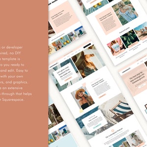 K&ouml;nnte beinhalten: Eine Sammlung von Website-Mockups mit einem hellpfirsichfarbenen und wei&szlig;en Farbschema. Die Mockups zeigen verschiedene Webseiten mit Bildern und Text. Der Text auf der linken Seite lautet: "Kein Coding oder Entwickler-Modus erforderlich..." und "Einfach anzupassen."