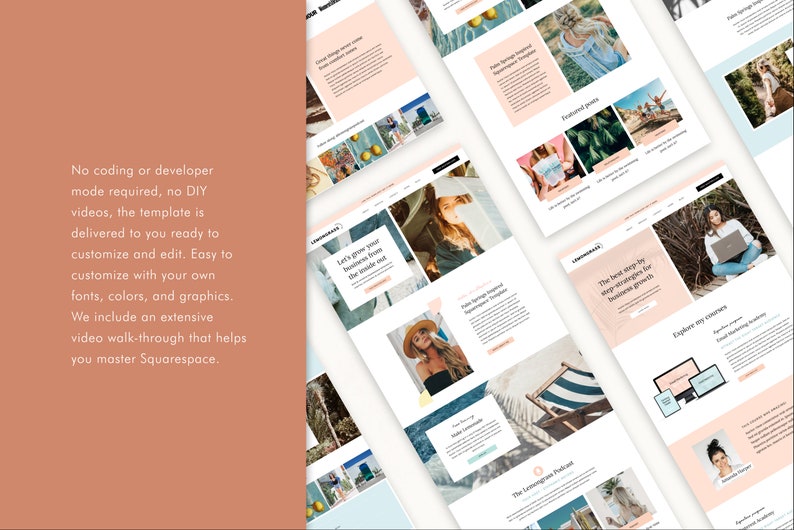 K&ouml;nnte beinhalten: Eine Sammlung von Website-Mockups mit einem hellpfirsichfarbenen und wei&szlig;en Farbschema. Die Mockups zeigen verschiedene Webseiten mit Bildern und Text. Der Text auf der linken Seite lautet: "Kein Coding oder Entwickler-Modus erforderlich..." und "Einfach anzupassen."