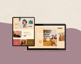 Pode incluir: Uma página inicial de site para um fotógrafo de marca especializado em fotografia de marca delicada para chefes criativos. O site apresenta um fundo bege claro com um esquema de cores amarelo e laranja. O texto do site inclui as palavras "Delicate Brand Photography for Creative Bosses" e "Lifestyle, Product, Fashion".