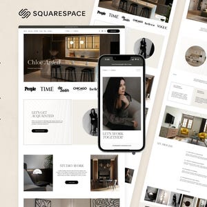 Peut inclure: Maquette numérique d'un modèle de site web Squarespace. Le design présente une esthétique épurée et moderne, axée sur l'aménagement intérieur. L'image comprend des mises en page de sites web sur un ordinateur portable et un smartphone.