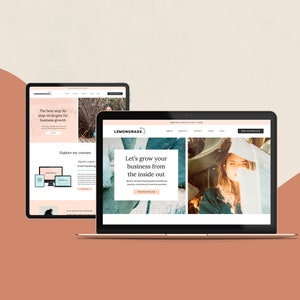 K&ouml;nnte beinhalten: Ein Laptop und ein Tablet zeigen eine Website mit dem Logo "LEMONGRASS". Der Laptop-Bildschirm zeigt den Text "Let's grow your business from the inside out". Das Tablet zeigt "The best step-by-step strategies for business growth".
