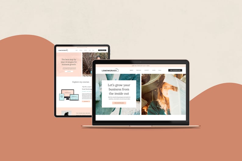 K&ouml;nnte beinhalten: Ein Laptop und ein Tablet zeigen eine Website mit dem Logo "LEMONGRASS". Der Laptop-Bildschirm zeigt den Text "Let's grow your business from the inside out". Das Tablet zeigt "The best step-by-step strategies for business growth".