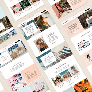 K&ouml;nnte beinhalten: Mehrere Website-Mockups mit einer hellen Farbpalette, die Bilder, Text und Designelemente enthalten. Die Websites zeigen verschiedene Bereiche, darunter Blogbeitr&auml;ge, Dienstleistungen und Kurse. Die Gesamt&auml;sthetik ist modern und sauber, mit einem Fokus auf visuelle Attraktivit&auml;t.