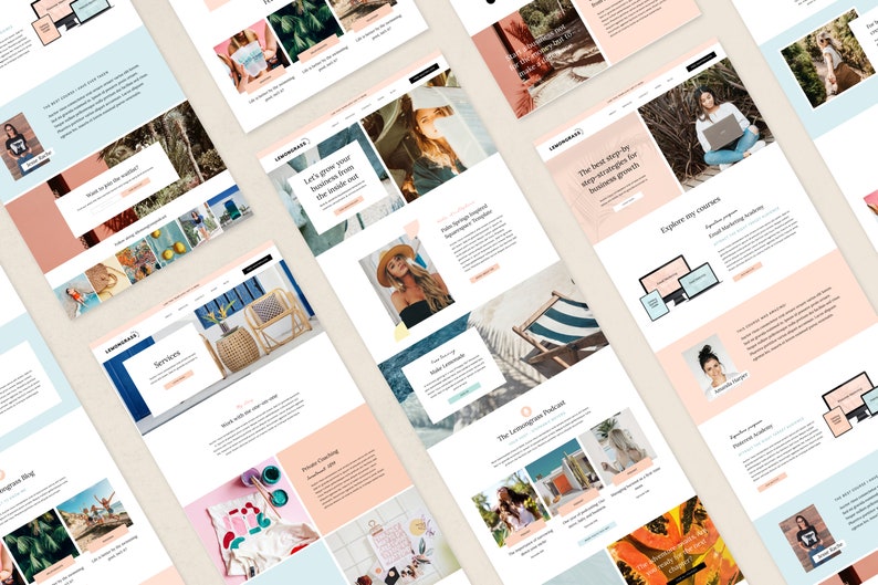 K&ouml;nnte beinhalten: Mehrere Website-Mockups mit einer hellen Farbpalette, die Bilder, Text und Designelemente enthalten. Die Websites zeigen verschiedene Bereiche, darunter Blogbeitr&auml;ge, Dienstleistungen und Kurse. Die Gesamt&auml;sthetik ist modern und sauber, mit einem Fokus auf visuelle Attraktivit&auml;t.