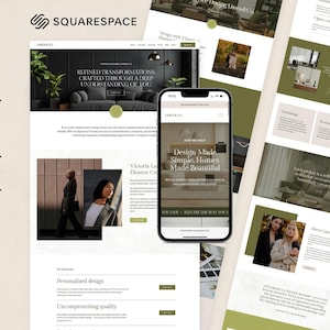 Peut inclure: Un modèle Squarespace flexible présentant une conception de site web moderne. Le design comprend un téléphone portable affichant un site web avec le texte "Design Made Simple, Homes Made Beautiful". Le modèle comprend des images et du texte.