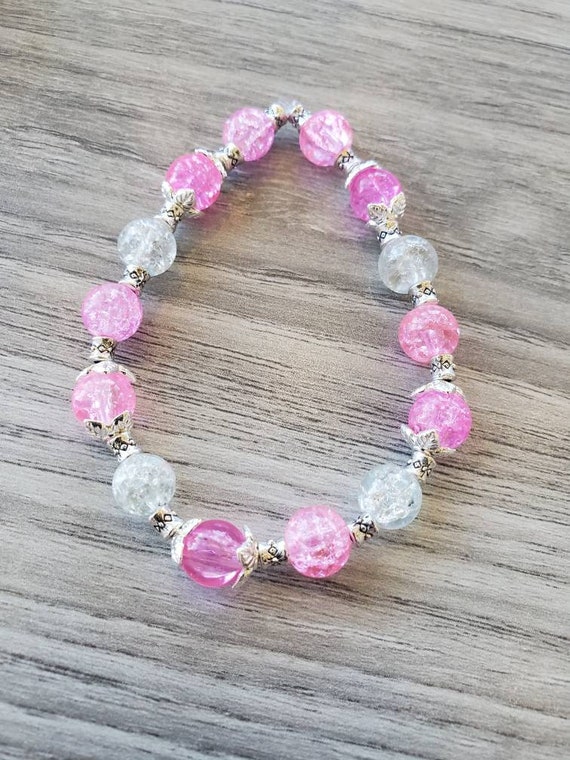Pink and White Cracked Glass Bead Bracelet Crackled Glass Jewelry Pink and White Beaded Bracelet Gift for Her Cracked Glass Bracelet